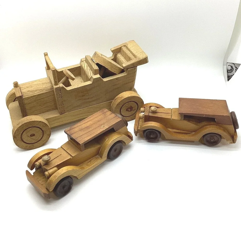 Vintage Handmade Wooden Toy Cars Set of 3 Antique Style Model T Sedan Roadster‎
